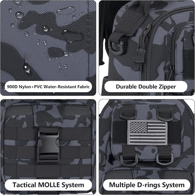 GMAK Fishing Backpack Tackle Sling Bag, Tactical Fishing Tackle Backpack with Rod & Gear Holder, Lightweight Outdoor Water-Resistant Tackle Gear Pack Shoulder Bags for Men Women, Black Camo