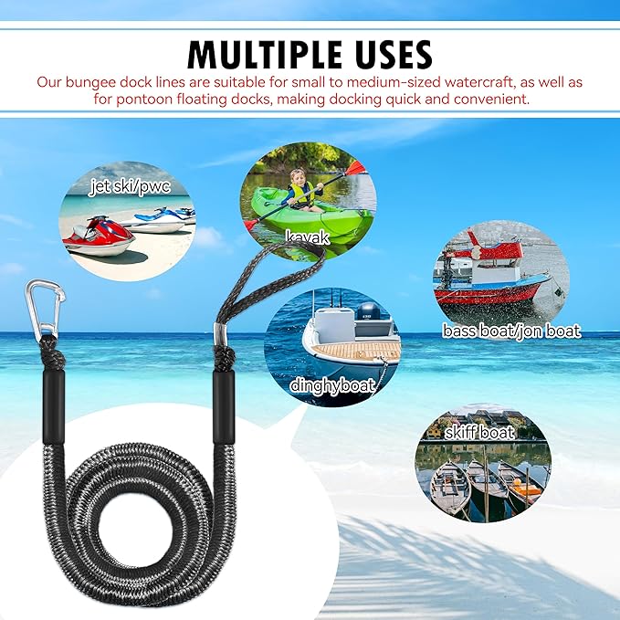 Boat Bungee Dock Lines – Adjustable Boat Tie Downs for Pontoon, Jet Ski, PWC, Kayak | Single Hook Small Cruiser Mooring Lines | (1, Black, 14 Feet)