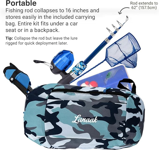 Lanaak Kids Fishing Pole, Kids Portable Telescopic Fishing Rod Set, Tackle Box and Fishing Net Combo Kit, Kids Fishing Gear for Boys and Girls Age 5-10 and Youth