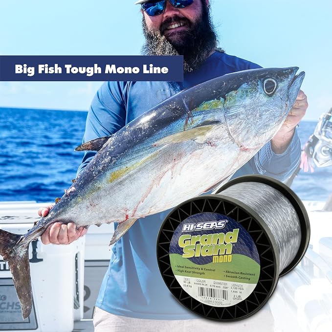 HI-SEAS Grand Slam Monofilament Fishing Line - Strong & Abrasion Resistant in Clear, Pink, Green, Smoke Blue, Fluorescent Yellow Freshwater & Saltwater – Quarter Pound Spool