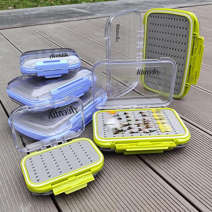 Aventik Waterproof Clear Fly Box Double Sides Floating Lightweight Fly Fishing Case Large Capacity Grip Foam Nymph Wet Dry Flies Lure Box(H18 Blue, SIZE A:4.24X3.04X1.36inch)