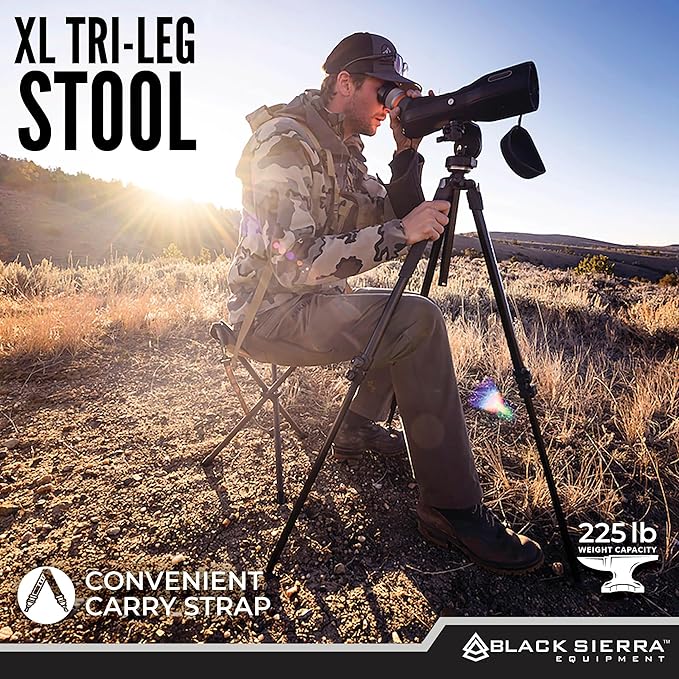 Black Sierra Folding Hunting Stool with Shoulder Strap, Lightweight Collapsible Tripod Seat, Steel Frame Supports 225 lbs, Portable Foldable Chair for Hunting Blind, Fishing, Hiking, Travel