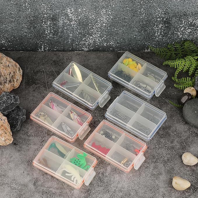 JUXYES Pack of 6 Plastic Small Fishing Tackle Box Organizer with 4 Compartments, Clear Mini Fishing Tackle Storage Boxes with Dividers, Transparent Fish Pocket Tackle Storage Box Lure Box