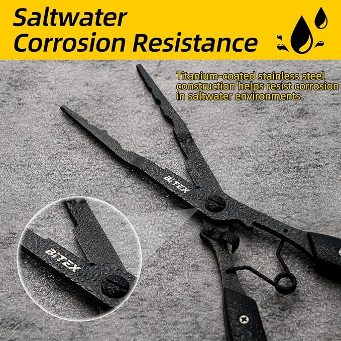 BiteX Saltwater Long Nose Fishing Pliers with Braid Cutter & Hook Remover | Titanium-Coated Stainless Steel, Extended Reach, Better Control, Deep-Set Hook Remover, One-Hand Operation, Lanyard & Sheath