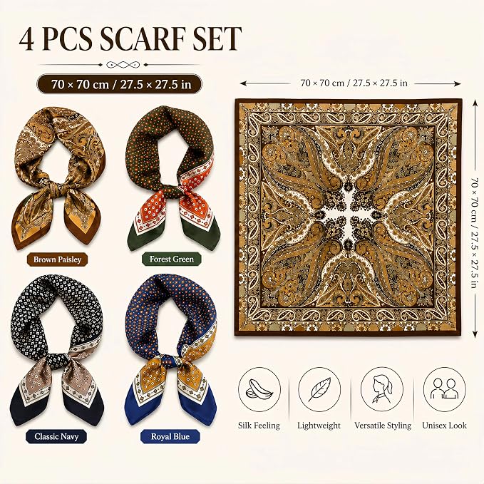 4PCS Neck Scarf Bandanas for Men and Women, Silk Feeling Head Scarfs, Fashion Neckerchief Square Purse Scarf