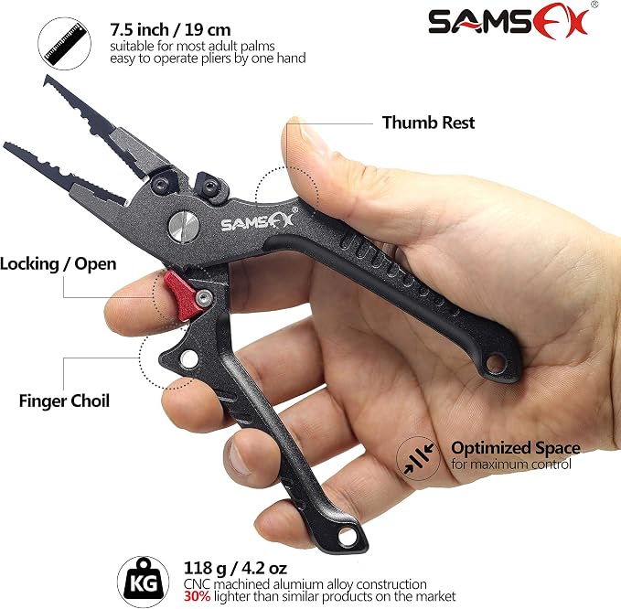 SAMSFX Aluminum Fishing Pliers Hook Remover Braid Line Cutter with Coiled Lanyard, Fly Fishing Knot Tying Tool & Retractors