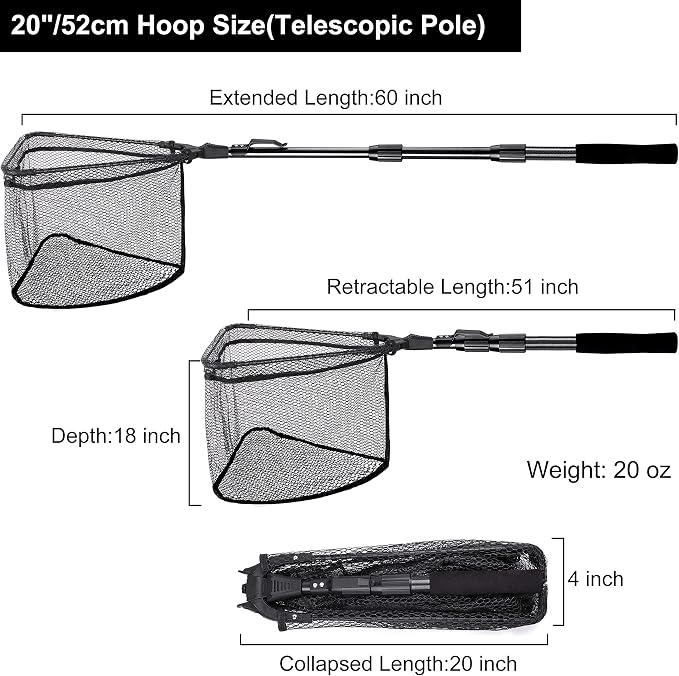 PLUSINNO Fishing Net Fish Floating Landing Net, Kayak Nets with Fixed Foldable Telescopic Pole Handle, Bass Trout Fishing Nets with Nylon Mesh for Pond Lake River, Fishing Gear Gifts for Men Anglers