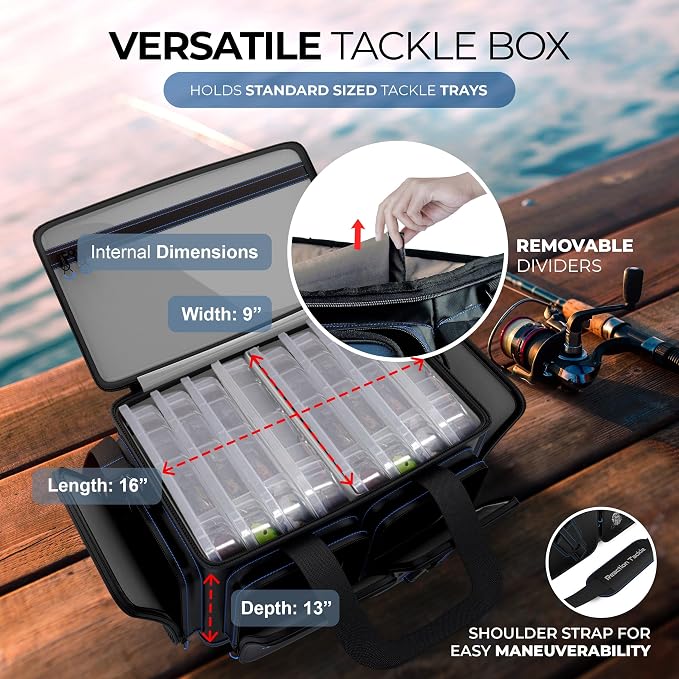 Reaction Tackle Fishing Tackle Bag – Salt Water Resistant Fishing Bag, 1000D PVC Waterproof Material, Tackle Box Organizer with Dividers for 3600 or 3700 Trays