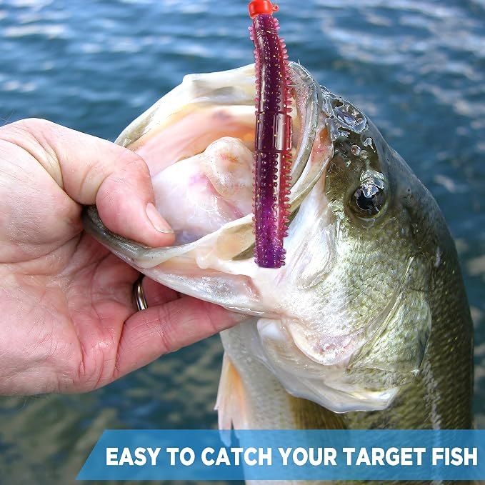 PLUSINNO Wacky Worm Fishing Lure Kit, Soft Plastic Fishing Lures, Grub Baits Hook Wacky Rig Bass Trout Fishing Worms Lures w/Tackle Box