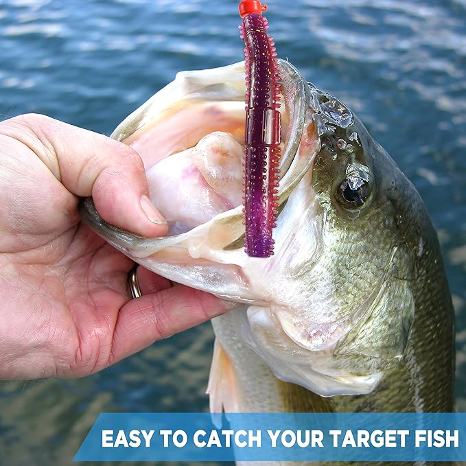 PLUSINNO Wacky Worm Fishing Lure Kit, Soft Plastic Fishing Lures, Grub Baits Hook Wacky Rig Bass Trout Fishing Worms Lures w/Tackle Box