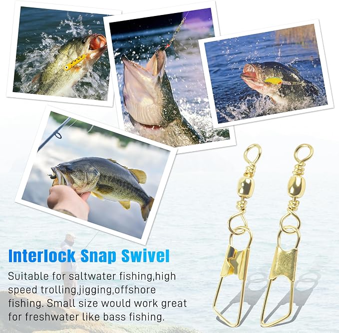 AGOOL Fishing Swivels Snaps, 60/120pcs Barrel Swivels with Nice Snaps Gold High Strength Solid Rings Line Lures Connector Fishing Tackle Accessories
