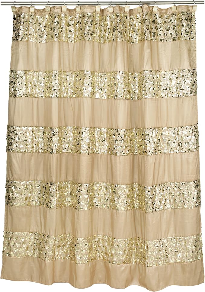 Zahari Home 13pc Sinatra Bathroom Shower Curtain Set - Gold Curtain & 12 Champagne Hooks - Luxury Fabric Bling Unique Beautiful Set