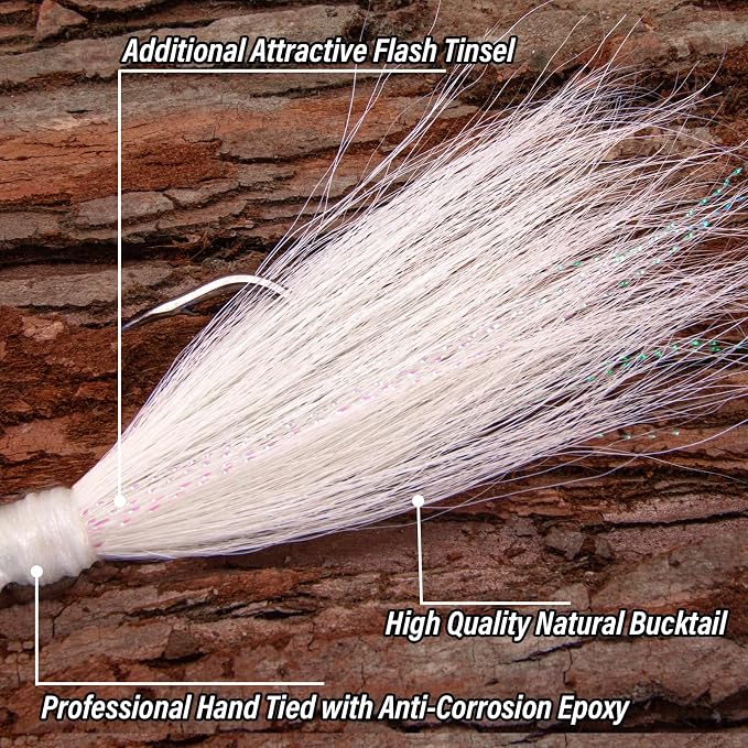 Alwonder 5-Pack Bucktail Jigs Hair Jigs Saltwater Freshwater Fishing Bucktail Lures Surf Fishing Jig Heads White Luminous Chartreuse Swimbait Jig for Bass Flounder Striper Bluefish Halibut Redfish
