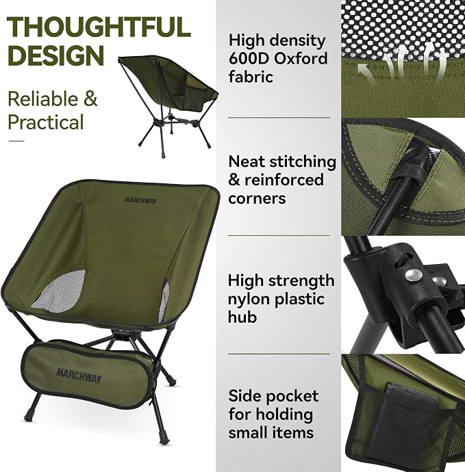 MARCHWAY Lightweight Folding Camping Chair with Spring Lock, Stable Compact Portable for Outdoor Camp, Travel, Beach, Picnic, Festival, Hiking, Backpacking (Lowback Green)