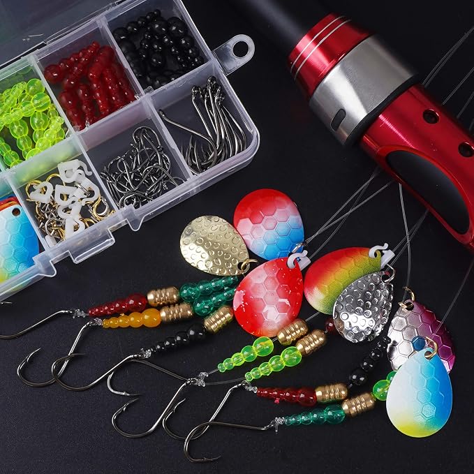 Fishing Lure Making Kit for Walleye Rigs, 170pcs Bass Fishing Lures Making Supplies Parts Crawler Harness Trout Bass Salmon Colorado Blades Hooks Stacked Fishing Beads Kokanee Rigs Trolling Rigs
