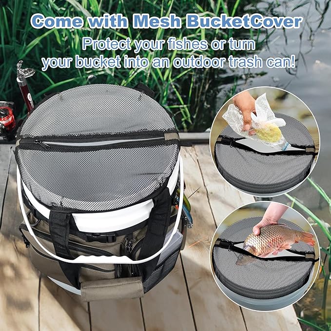 Fishing Bucket Organizer with Bucket Cover Fishing Tackle Bag with Rod & Plier Holder, Multi-Pockets for 5 Gallon Bucket Fishing Gear & Accessories Father Gifts