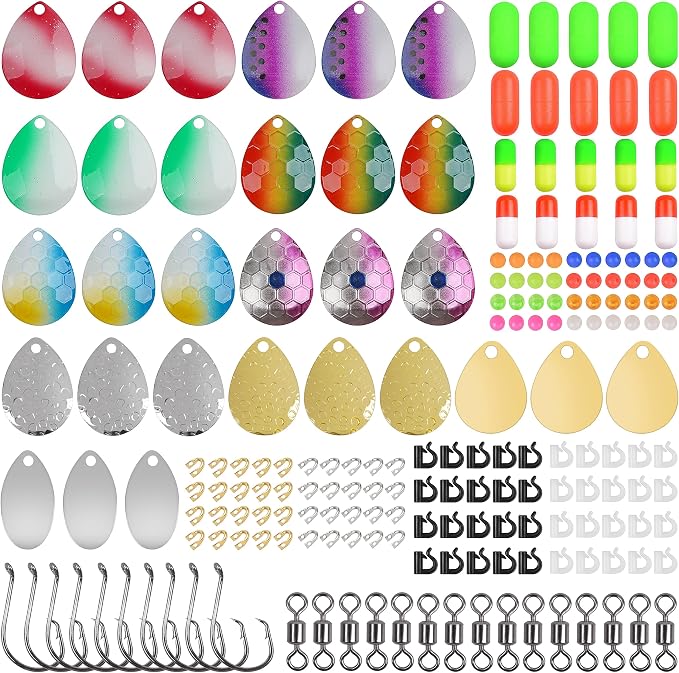 Walleye Rig Making Kit,205pcs DIY Lure Making Supplies Parts for Crawler Harness Walleye Spinner Rigs Colorado Blades Pompano Floats Clevises Beads Hooks Spinner Lure Making Kit
