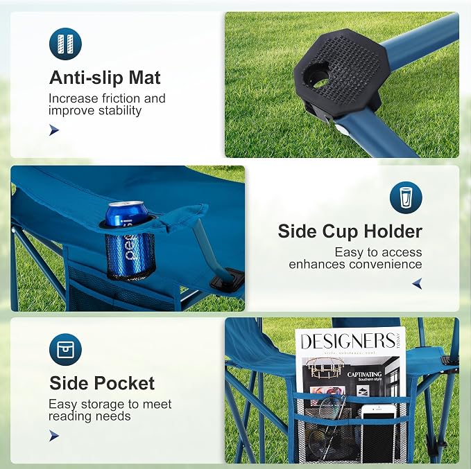 LET'S CAMP Camping Chair 2 Pack Folding Chair with 4-Can Cooler Bag Portable Lawn Chair with Cup Holder,Storage Pocket, Supports 250LBS, Collapsible Chair for Camp, Beach, Picnic (Blue)