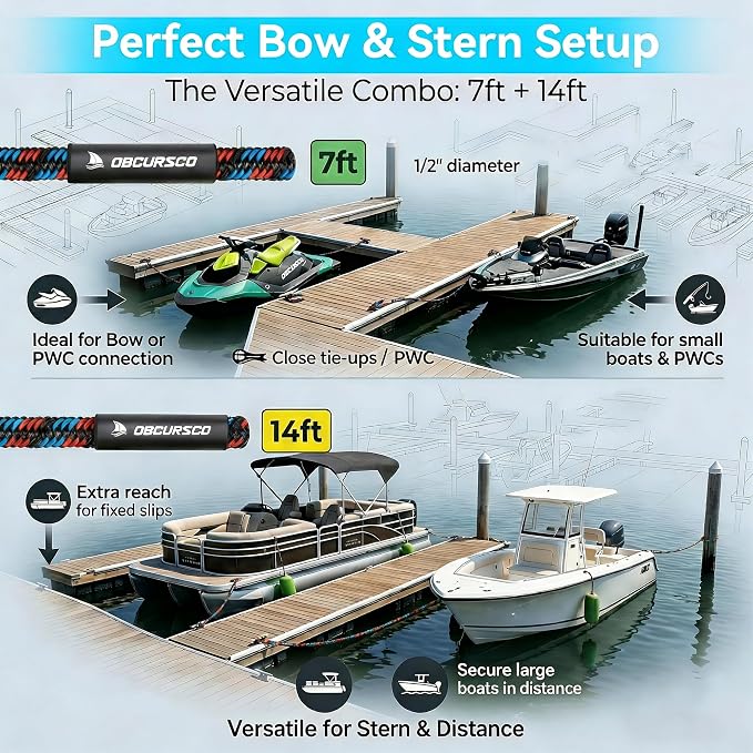 Obcursco Heavy Duty Boat Dock Lines (7ft & 14ft) - 1/2" Marine Mooring Rope with 316 Stainless Steel Clip - Accessories for PWC, Pontoon, Center Console, Jet Ski (Black/Red/Blue, 2 Pack)