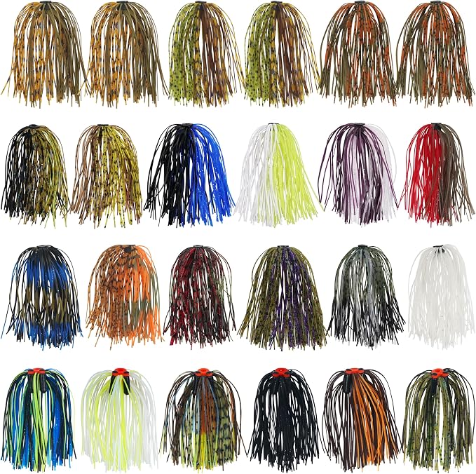 Silicone Jig Skirts Spinnerbait Skirts Replacement 12/24 Bundles DIY Bass Fishing Jigs Lure Skirts for Spinner Bait Buzzbaits Squid Jig Spoon Blade Fly Tying Material