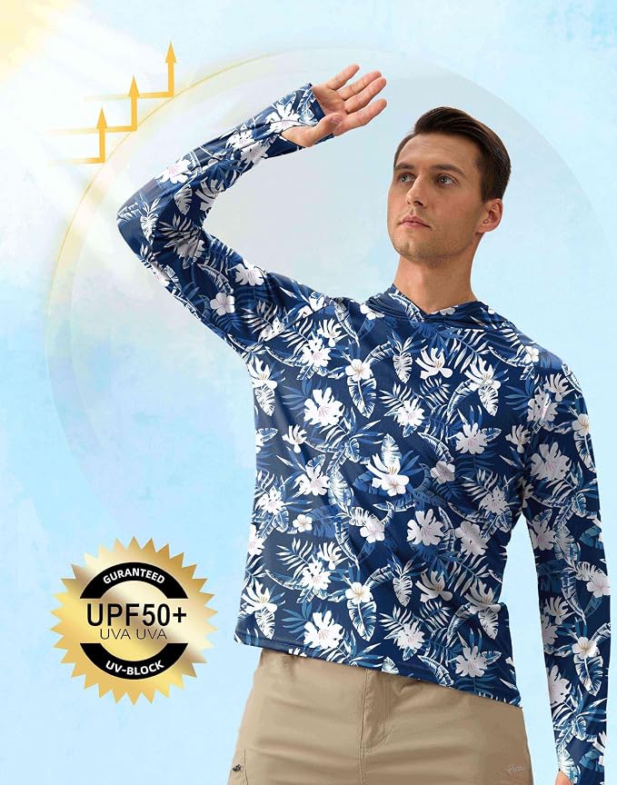Pudolla Men's Sun Protection Hoodie Shirts UPF 50+ Rash Guard SPF Long Sleeve Fishing Shirt for Men Swim Hiking Boating