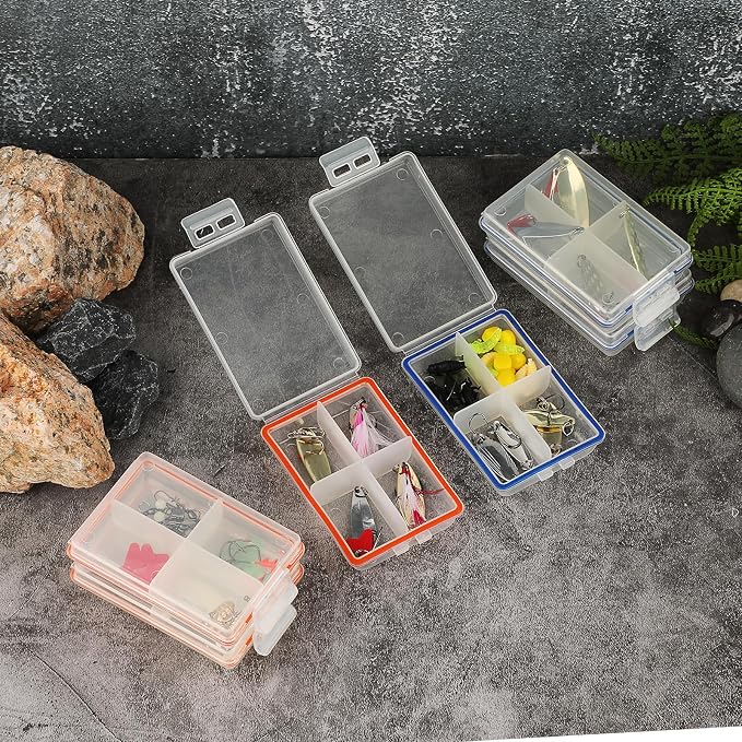 JUXYES Pack of 6 Plastic Small Fishing Tackle Box Organizer with 4 Compartments, Clear Mini Fishing Tackle Storage Boxes with Dividers, Transparent Fish Pocket Tackle Storage Box Lure Box