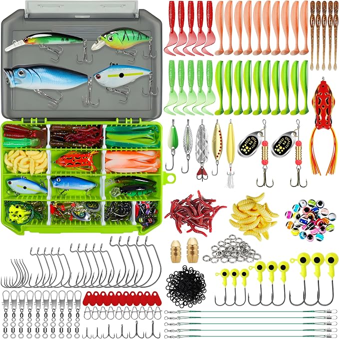 TRUSCEND Complete Fishing Lures - Tackle Box with Tackle Included - Crankbaits, Minnows, Frogs, Vibes, Poppers, Spinners, Spoons, Soft Baits, Hooks & Weights Accessories Kit for Bass Panfish Trout