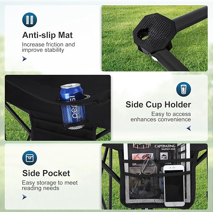 LET'S CAMP Camping Chair 2 Pack Folding Chair with 4-Can Cooler Bag Portable Lawn Chair with Cup Holder,Storage Pocket, Supports 250LBS, Collapsible Chair for Camp, Beach, Picnic (Black)