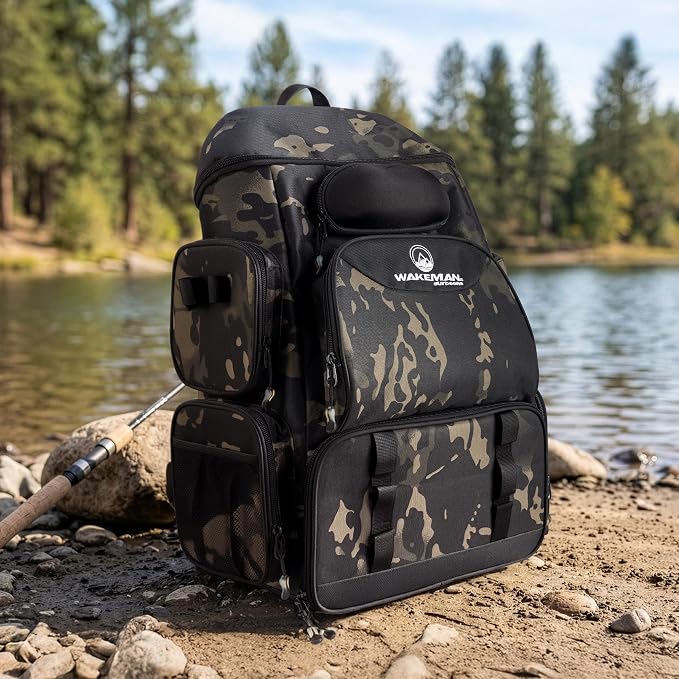 Fishing Backpack with Tackle Boxes, Rod Holders, 7 Zippered Storage Pockets and Water-Resistant Cover - Tactical Backpack Tackle Bag for Fishing Gear and Equipment by Wakeman Outdoors (Camo Black)