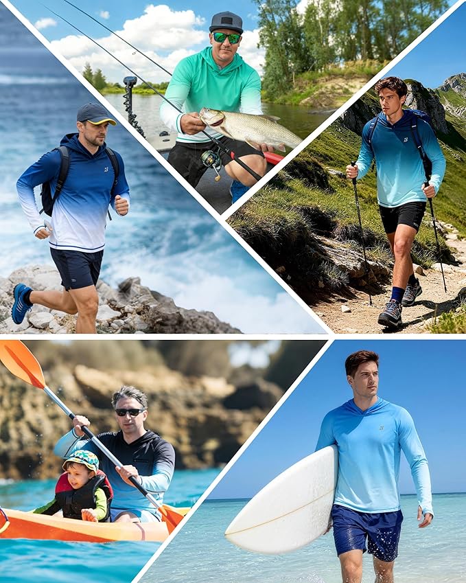 Roadbox UPF 50+ Fishing Shirts for Men, Long Sleeve UV Sun Protection Hoodie, Outdoor Hiking Running Swimming Rash Guard