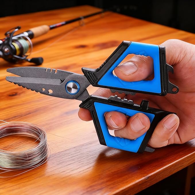 Professional Fishing Scissors With Bottle Opener Titanium Coated Serrated Blades Cut PE Mono Fluorocarbon Lines Non-Slip Soft Grip Multi-Purpose Fishing Tool