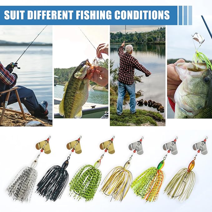 Spinnerbait Fishing Lures Kit - 6/12pcs Bass Fishing Buzzbait Lures Spinner Baits for Bass Trout Pike Salmon Multicolor Swimbait Buzz Bait Metal Spinner baits Swim Jigs Freshwater Saltwater