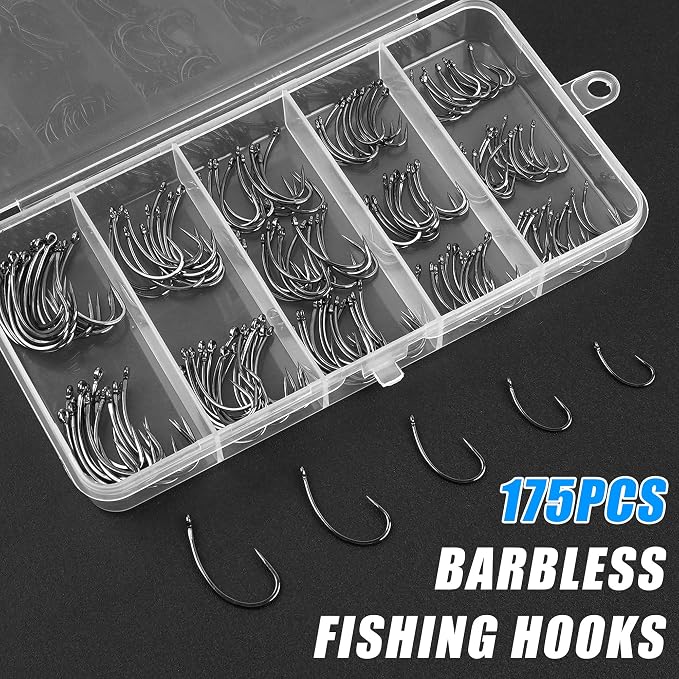 175pcs Barbless Fishing Hook Kits,Small Size Carp Fishing Hooks Curve Shank Crank and Wide Gape Fly Tying Hooks Circle Hook with Tackle Box Size 2#,4#,6#,8#,10#