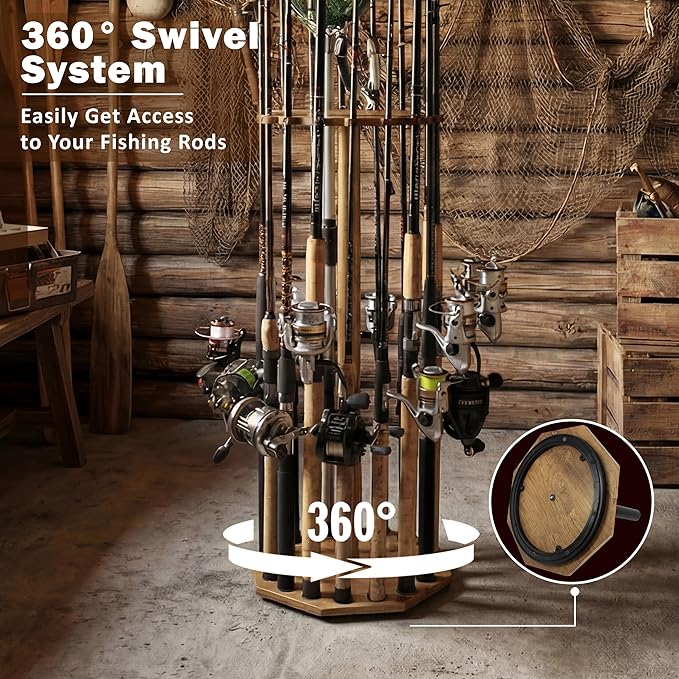 Rush Creek Creations 16-Rod Round Fishing Rod Holder for Garage, 360° Access Fishing Pole Holder for Fishing Rods, Reels, Gear, and Accessories, Securely Holds 16 Rods, Wood Grain