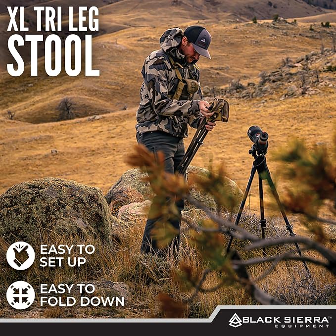 Black Sierra Folding Hunting Stool with Shoulder Strap, Lightweight Collapsible Tripod Seat, Steel Frame Supports 225 lbs, Portable Foldable Chair for Hunting Blind, Fishing, Hiking, Travel