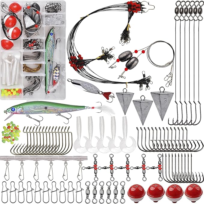 Saltwater Fishing Tackle Kit,131pcs Surf Fishing Gear with Saltwater Fishing Lures Fish Finder Rigs Pyramid Sinkers Hooks Swivels Wire Leaders Spoon Lure Bobbers Various Accessories