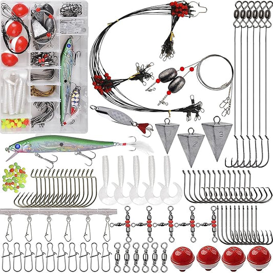 Saltwater Fishing Tackle Kit,131pcs Surf Fishing Gear with Saltwater Fishing Lures Fish Finder Rigs Pyramid Sinkers Hooks Swivels Wire Leaders Spoon Lure Bobbers Various Accessories