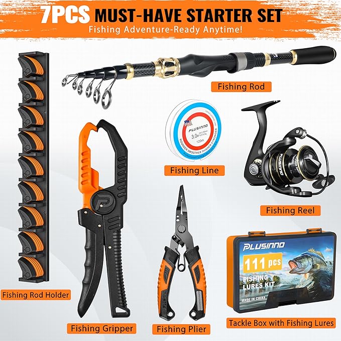 PLUSINNO Fishing Gear,Full Fishing Pole kit Include Fishing Rod and Reel Combo, Tackle Box with Fishing Lures, Fishing Accessories, Fishing Pliers,Fishing Gifts for Men with Fishing Tool Kit