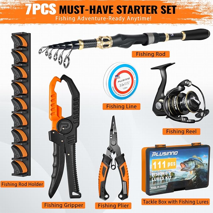 PLUSINNO Fishing Gear,Full Fishing Pole kit Include Fishing Rod and Reel Combo, Tackle Box with Fishing Lures, Fishing Accessories, Fishing Pliers,Fishing Gifts for Men with Fishing Tool Kit