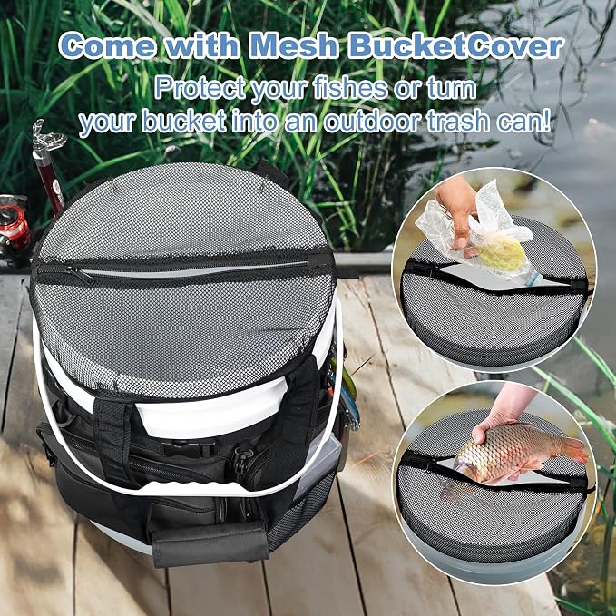 Fishing Bucket Organizer with Bucket Cover Fishing Tackle Bag with Rod & Plier Holder, Multi-Pockets for 5 Gallon Bucket Fishing Gear & Accessories Father Gifts