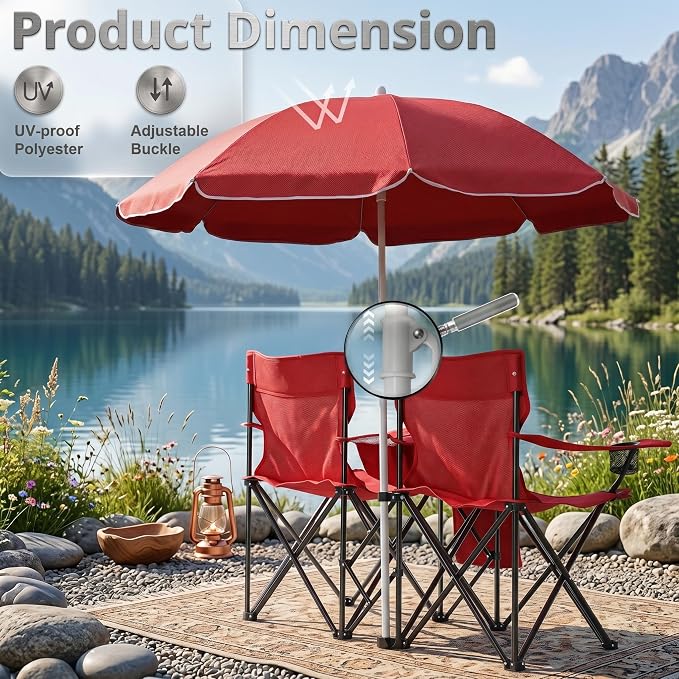 Portable Double Folding Picnic Chair with Removable Sun Umbrella and Cooler Bag, 2-Seat Outdoor Camping Chair with Cup Holders & Carrying Bag for Beach, Fishing, Patio, Red