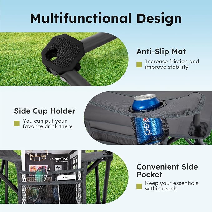 ALPHA CAMP 2-Pack Camping Chair with Cooler Bag, Heavy Duty 250lbs Capacity Folding Chair with Lumbar Support & Side Pocket, Portable Quad Chairs for Beach Fishing Tailgating & Sideline Sport