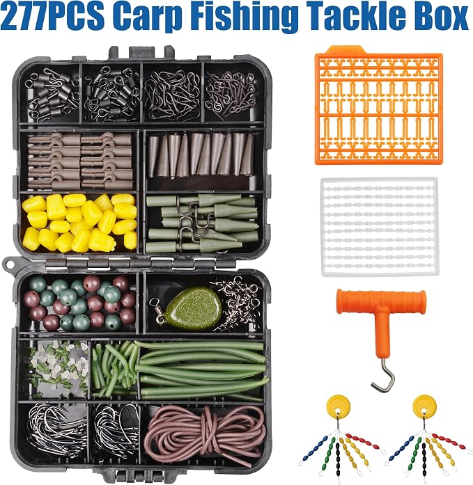 Carp Fishing Equipment Kit, 277pcs Carp Fishing Tackle Box with Carp Hooks Boilies Corn Baits Weights Rigs Swivels Snaps Various Gear Accessories Set for Men Gift