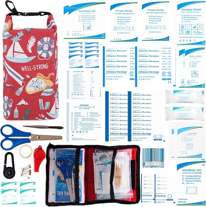 Boat First Aid Kit Waterproof, WELL-STRONG Marine Emergency Kit with Roll Top Dry Bag for Boating Fishing Kayaking – Water-Resistant Contents for Camping & Beach（Red Sea）