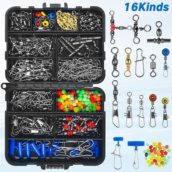 SILANON Fishing Swivels Tackle Kit, 174pcs Include Barrel Swivels,Sinker Slides,3 Way Swivels,Duo Lock Snaps,Barrel Snap Swivels Fishing Tackle Box Set for Bass Trout Saltwater Freshwater