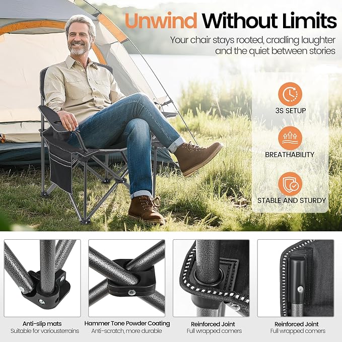 WEIDIORME 2 Pack Heavy Duty Oversized Camping Chair for Adults 400lbs w/Lumbar Support - Folding Chairs with Side Pocket, Cup Holder & Cooler Bag for Beach, Fishing, Lawn, Backyard Black