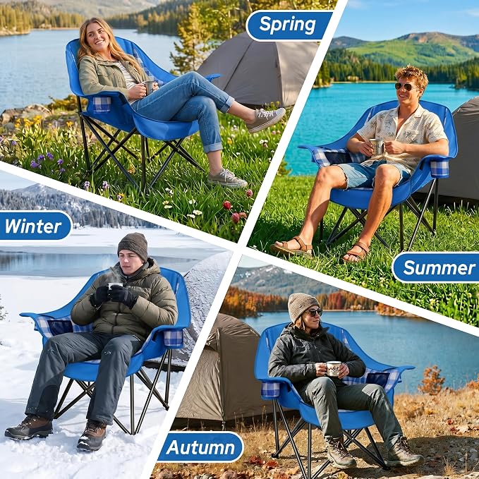 Youtanic Oversized Extra Large Padded Camping Chair, Heavy Duty 400 lbs Foldable Lawn Chair, Ergonomic Outdoor Seat with Plaid Design, Cup Holders & Storage Pockets for Fishing, Sports, Blue