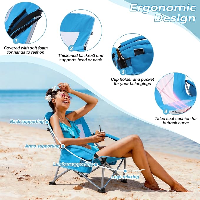 HaSteeL Low Beach Chairs for Adults, Lightweight Camping Folding Chair with Carrying Bag, Portable for Outdoors Lawn Backyard Patio RV Trip Fishing Sport Tailgating, Support 300LBS, Blue, 2 Pack