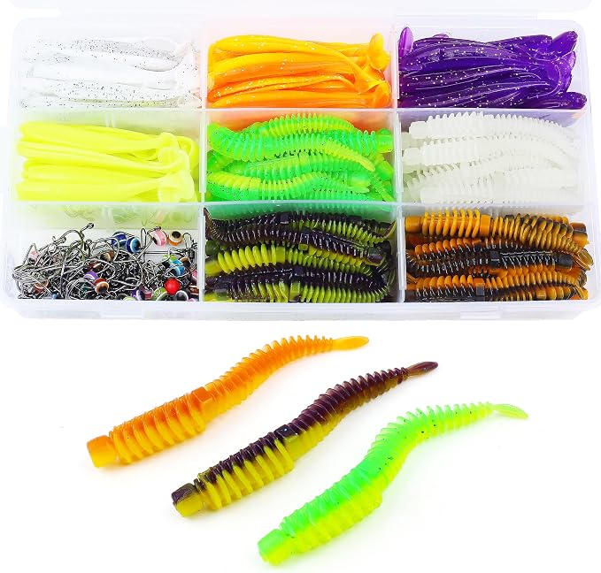 130/260Pcs Fishing Soft Lures Multi-Color Worms Set with Storage Box Silicone Threaded Bait Equipment Tackle Plastic Bait Gear for Bass, Fish Kit,Hooks,connectors, Accessories Tools,Swimbait