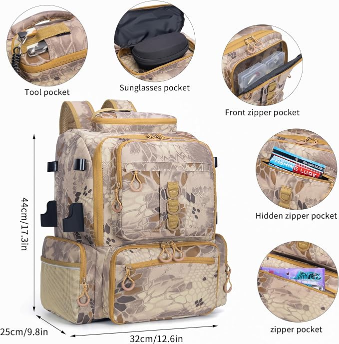 Rabjen Fishing Tackle Backpack, 45L Storage Waterproof Travel Bag Store Fishing Gear with Insulated Top Pocket